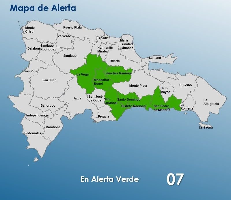 COE Reduce Alerta Verde a Siete Provincias y el Distrito Nacional por Fenómenos Meteorológicos