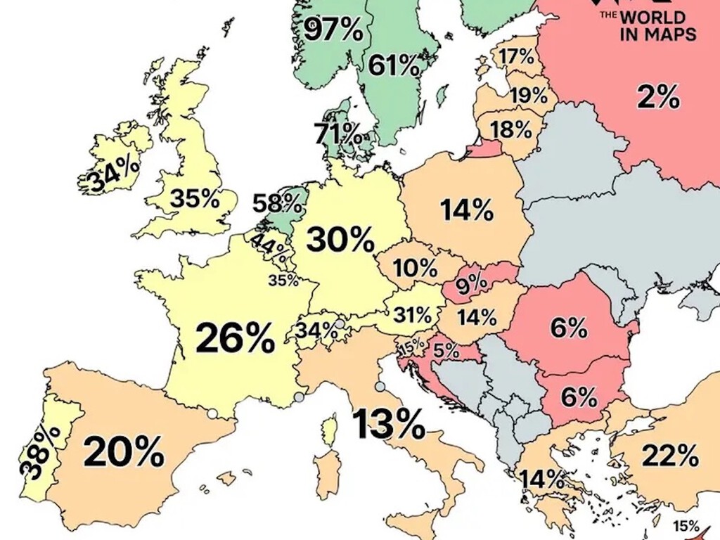 El avance del coche eléctrico en Europa: un mapa revela la disparidad en la adopción y las ventas