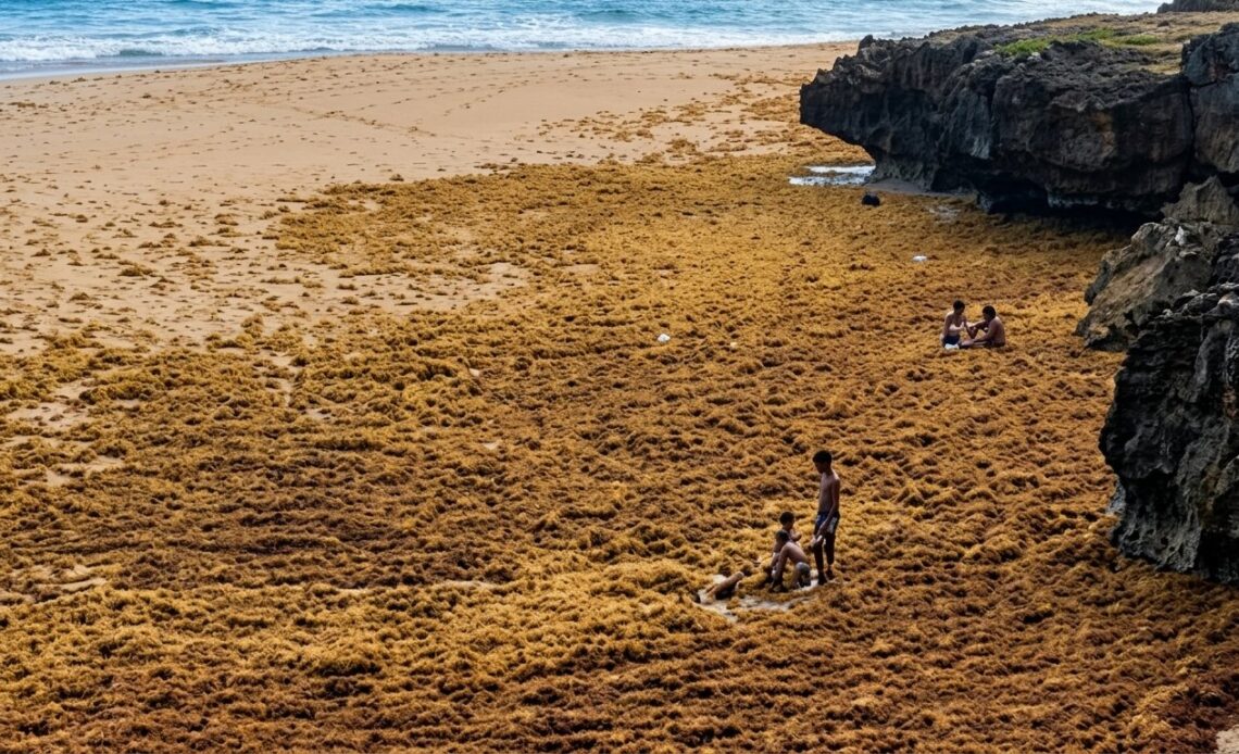 Impresionante Acumulación de Sargazo en Las Galeras Genera la Ilusión de Niños ''Caminando sobre el Agua''