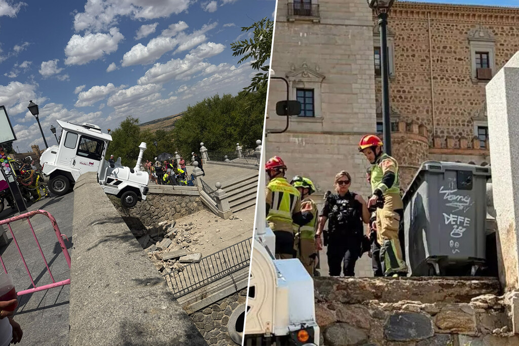 Tren turístico de Toledo se descontrola, atropella a un turista y termina suspendido cerca del Alcázar