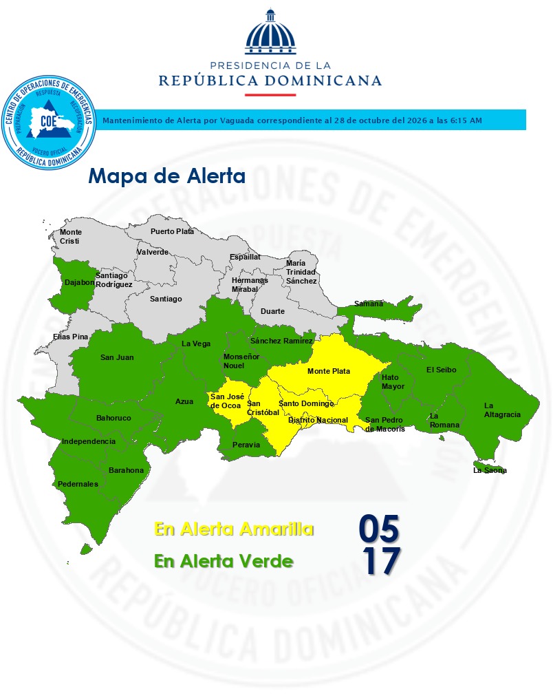 COE Reduce Alertas Amarillas a Cinco Provincias y Eleva a Diecisiete en Verde por Efecto de Vaguada